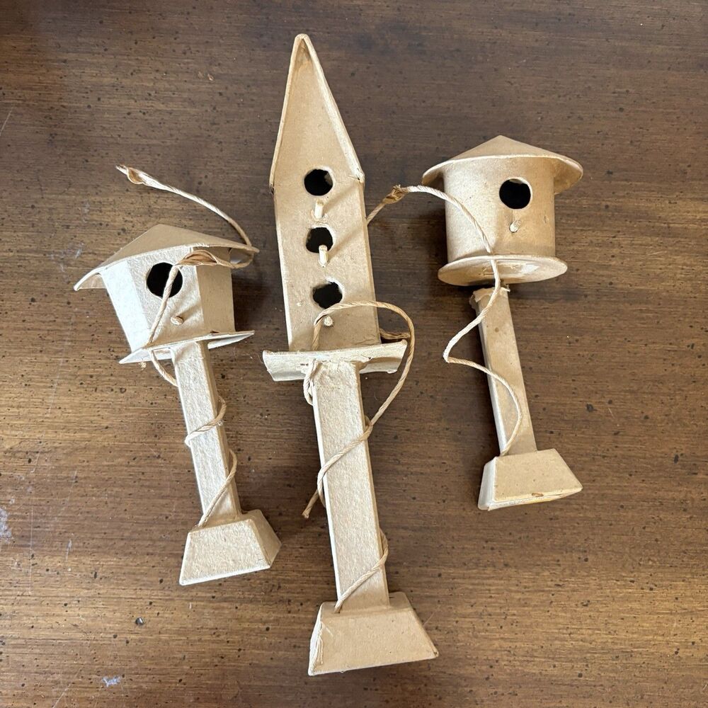 Unpainted Paper Mache Birdhouses (3) DIY Decoupage Crafting Crafts
